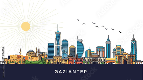 Gaziantep, Turkey, cityscape illustration featuring prominent architectural landmarks and modern buildings under a vibrant sunny sky, depicting the dynamic urban landscape and historical charm