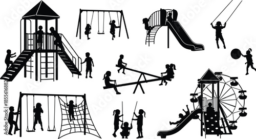 Playground silhouette set with children on slides, swings, climbing nets, and Ferris wheel for outdoor activity and fun themes.
