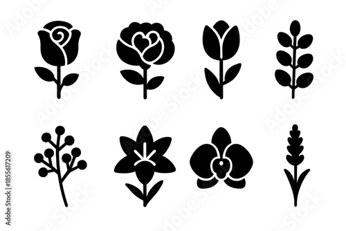 Wedding Flower Icons. Wedding flowers. Filled icon set of Wedding flowers: rose, peony, tulip, eucalyptus