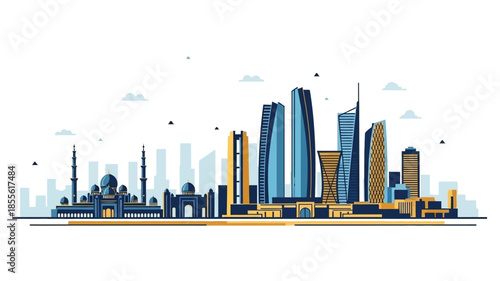 Modern City Skyline with Tall Buildings and a Mosque, Representing Urban Development and Architecture