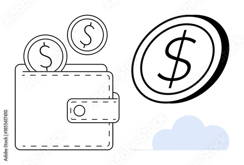 Digital payments, financial transactions, e-commerce, cloud storage, mobile wallets, online banking. A wallet with coins and a cloud. Digital payments and financial transactions concept