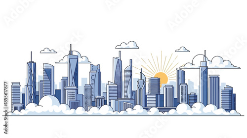 A Stylized Blue and White Skyline of Modern City Buildings Under a Bright Sun and Clouds