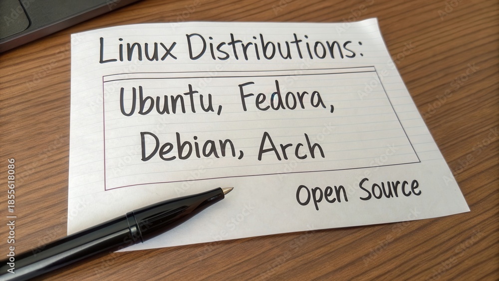 Obraz premium Handwritten note on Linux distributions highlighting Ubuntu, Fedora, Debian, Arch as popular open source options