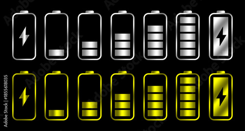 Battery charge levels from empty to full illustrating power status and energy consumption in silver and gold gradients on black background