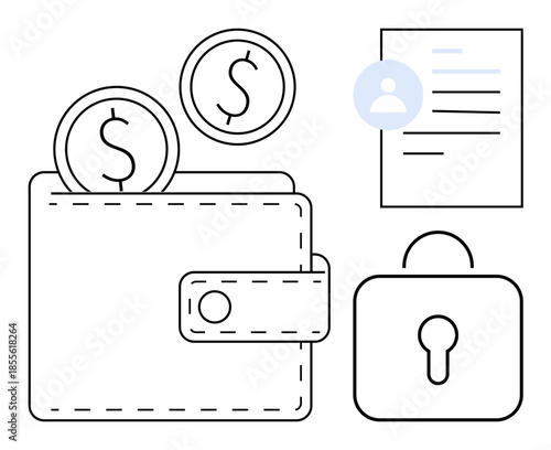 Financial security, online transactions, data protection, identity verification, cryptocurrency, personal finance. Minimalist wallet, coins document and lock icon in black and white. Financial
