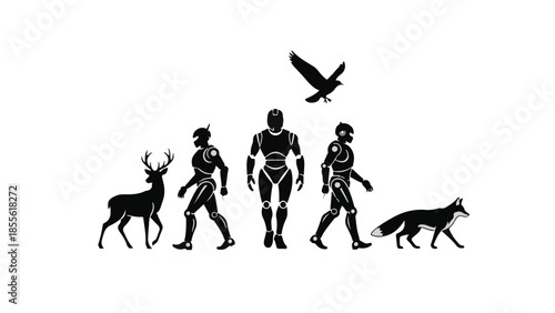 Symbolic representation of the evolution of life from animals to advanced technology.