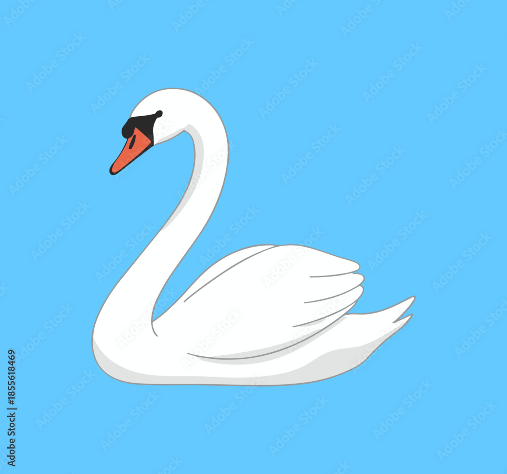 Naklejka premium Graceful White Swan Swimming on Blue Water Background for Nature Wildlife Lake Environment and Romantic Wedding Invitation Design
