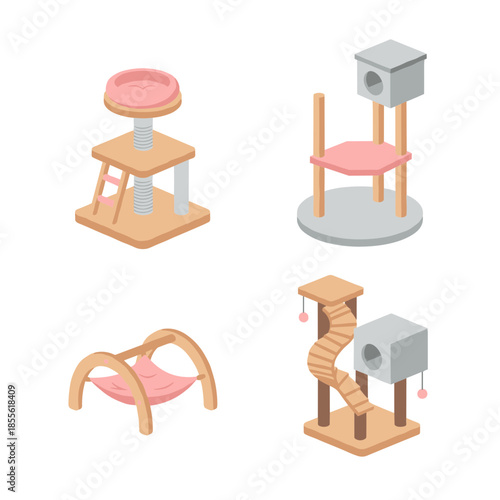 Modern cat furniture and scratching post set, wooden pet trees and hammock for domestic feline enrichment and home pet decor concept