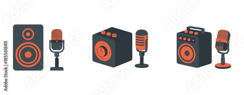Audio recording equipment set with microphone and speaker, podcast and music production icons for studio and broadcasting concept