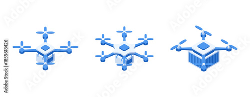 Modern delivery drone technology icons set, autonomous hexacopter and quadcopter for logistics and futuristic transport concept
