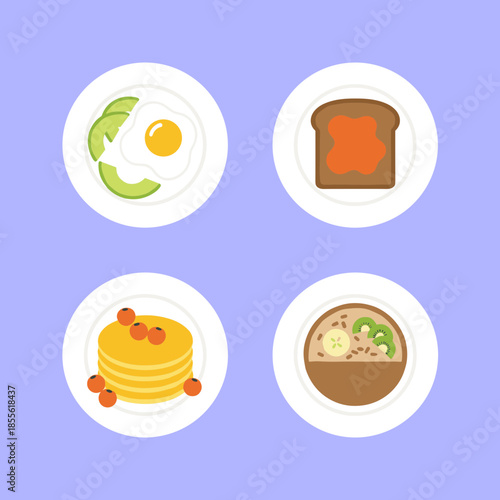 Healthy Breakfast Meal Collection Top View with Fried Egg Avocado Toast Pancakes and Oatmeal Bowl Vector Flat Design for Menu or Cafe