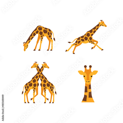 African Giraffe Animal Set with Various Poses Including Running Grazing and Close Up Portrait for Safari Wildlife and Education Design