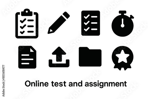Online Test Icons. Online test and assignments. Filled icon set of Online test and assignments: clipboard,