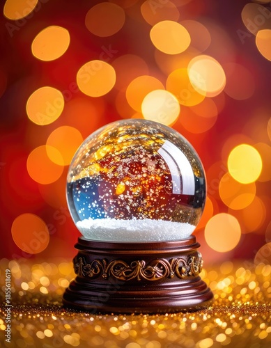 A festive snow globe rests on a sparkling golden surface against a warm red and orange bokeh background.