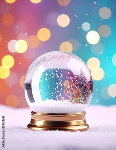 A captivating snow globe featuring a miniature winter scene against a vibrant bokeh background.