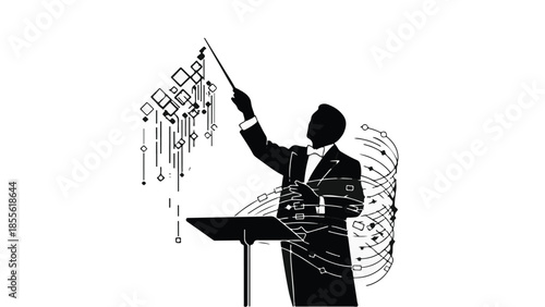 Maestro conducting an orchestra with digital music notes flowing dynamically