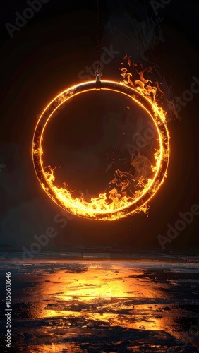 A vividly rendered, fiery glowing ring suspended against a dark background with dramatic reflections.