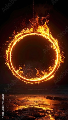 A glowing ring of fire suspended above a dark, reflective, molten-looking surface.