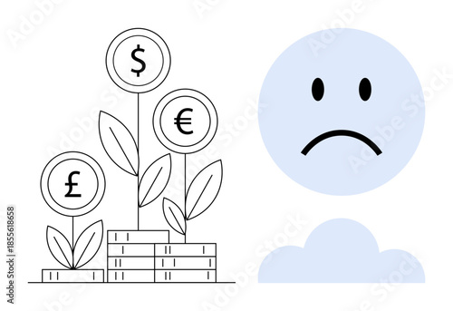 Currency depreciation. Visual elements showcase currency symbols, stackable coins, and a sad face indicating economic instability. Currency depreciation impacts markets, finance, global economy