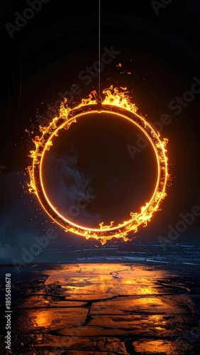 A glowing ring of fire hangs suspended above a reflective, dark, cracked surface.
