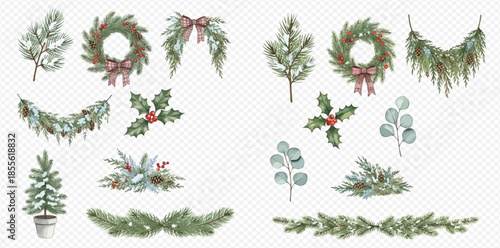 Watercolor Christmas and New Year festive decoration elements set with fir branches, wreaths, and holly berries.