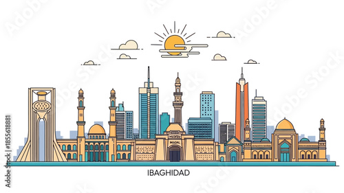 Illustrative skyline of Baghdad, showcasing its modern and traditional architectural landmarks under a bright sun