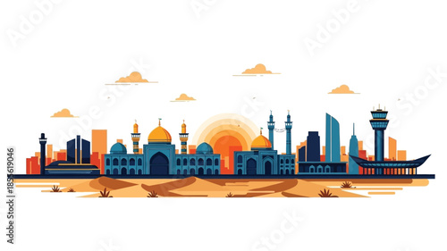 Vibrant vector illustration of a desert cityscape skyline, blending traditional domes and modern architecture with an airport tower under a dramatic sky