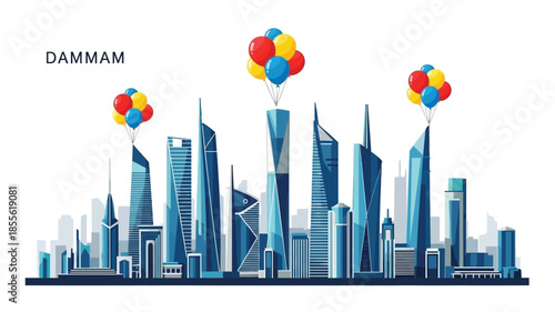 Modern urban panorama featuring a distinctive skyline with sleek, tall buildings and an array of colorful balloons, symbolizing vibrant growth and celebration