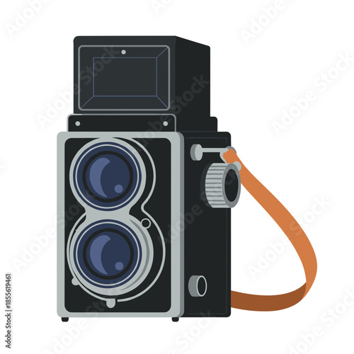 Vintage Twin Lens Reflex TLR Camera Vector Art of Classic Analog Photography Equipment with Leather Neck Strap