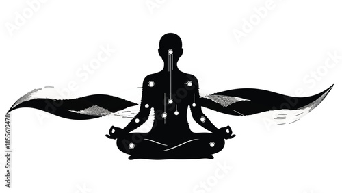 Silhouette of a person meditating in a serene, mindful pose, radiating energy and balance.