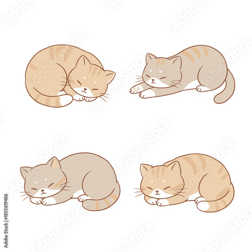 Sleeping Cat Character Collection Vector Illustration of Cute Ginger and Grey Tabby Kittens Napping in Different Poses
