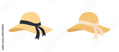Two elegant straw sun hats with black and cream ribbons, summer fashion accessory for beach vacation and travel vector illustration