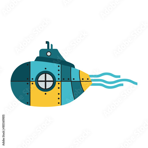 Cartoon Submarine Vector Illustration with Round Window and Propeller Waves Isolated on White Background for Underwater Exploration