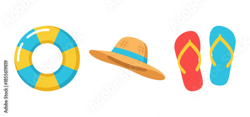 Summer Beach Vacation Set with Inflatable Ring Straw Hat and Flip Flops Vector Illustration Isolated on White Background
