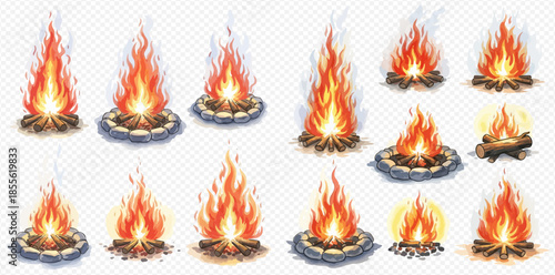 Set of realistic campfires with burning flames and logs, isolated on transparent background.