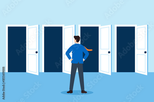 Flat illustration of businessman facing multiple open doors symbolizing career choice opportunity decision making and uncertain future direction