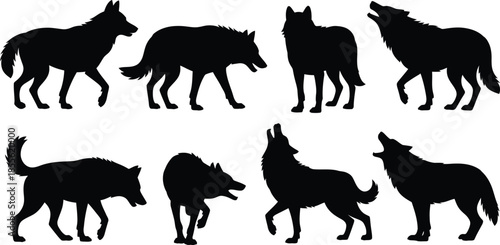 Black and white silhouette of wolves in various poses 2