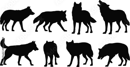 Black and white silhouette of wolves in various poses 1