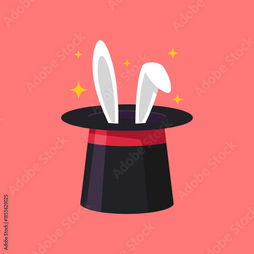Magic Trick Concept with White Rabbit Ears Popping Out of a Classic Black Top Hat with Sparkles for Performance and Mystery