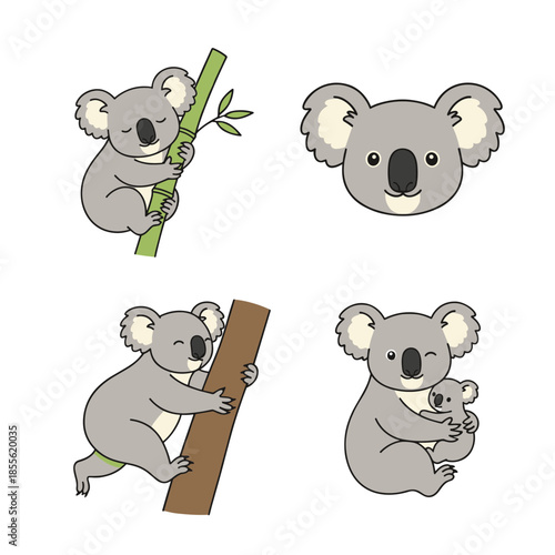Cute koala character set with various poses including climbing bamboo tree and mother koala hugging her baby cub