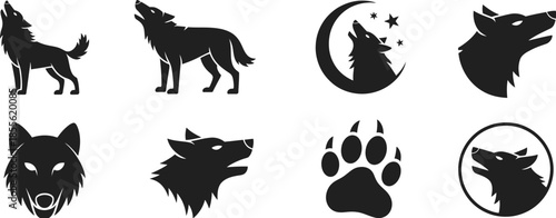 Black silhouettes of wolves and paw print on white background