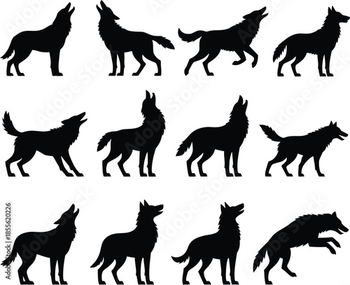 Black Silhouettes of Howling Wolves in Various Poses