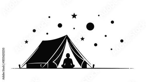 Person meditating inside a tent under a starry night sky