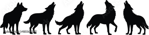 Five black wolf silhouettes howling and standing in a row