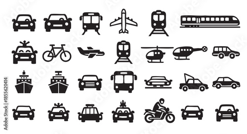 Variety of transportation methods icons including cars airplanes ships and trains