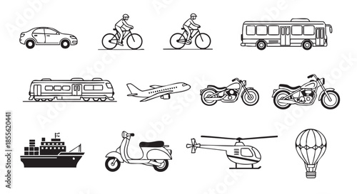 Various modes of transportation in simple line art drawing style