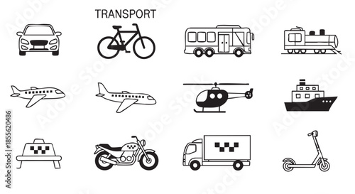 Various transportation icons in black and white style vector illustration