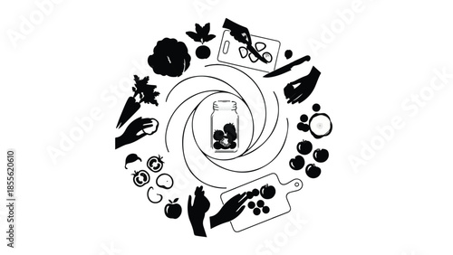 Healthy food preparation with fresh ingredients arranged in a circular pattern around a mason jar.