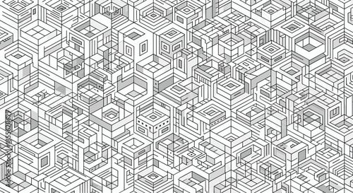Complex abstract isometric architectural pattern of interconnected rooms and blocks in black and white for modern urban planning concepts.
