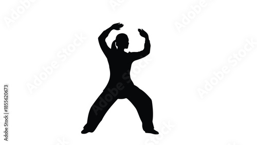 Silhouette of a woman practicing Tai Chi with graceful arm movements and balanced stance.